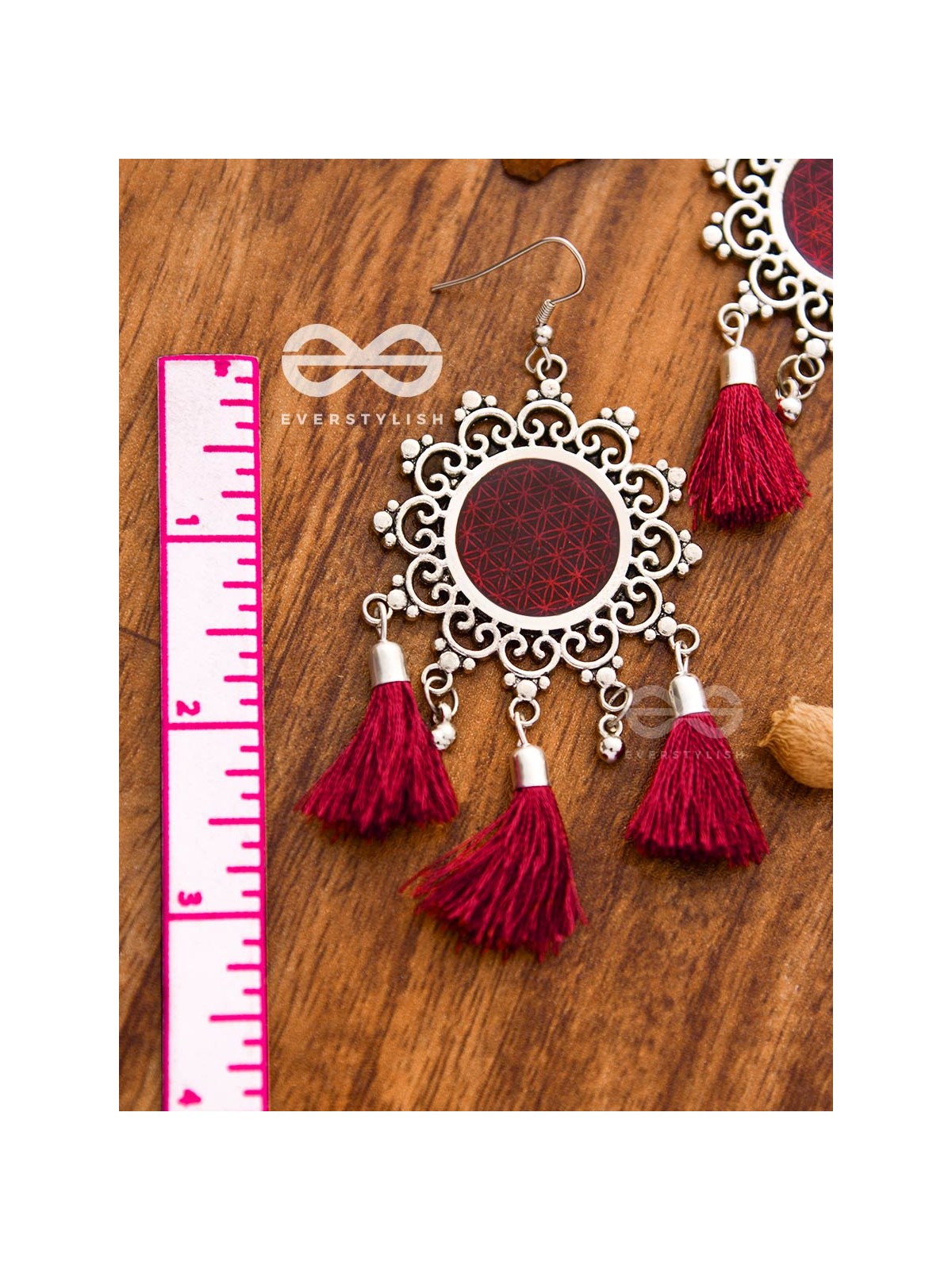 The Enamelled Tasselled Sun (Burgundy) - Oxidised Boho Earrings