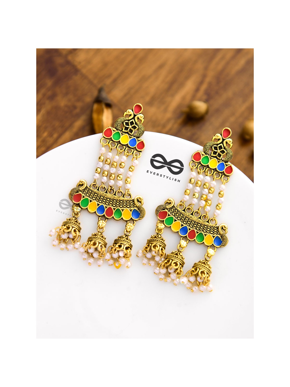 The Enamelled Peacock Artwork Earrings (Golden)