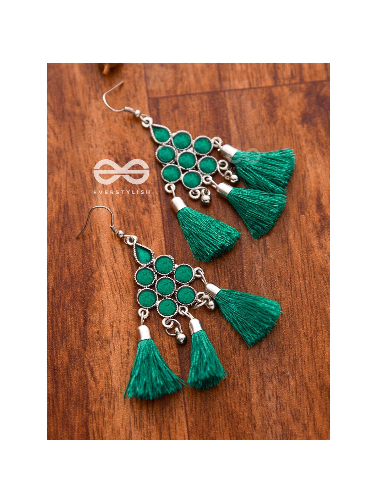 The Enamelled Tassels (Teal) - Embellished Oxidised Earrings