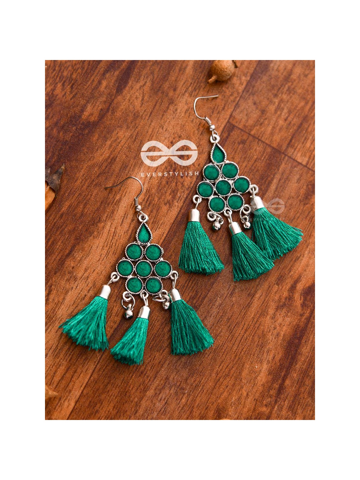 The Enamelled Tassels (Teal) - Embellished Oxidised Earrings