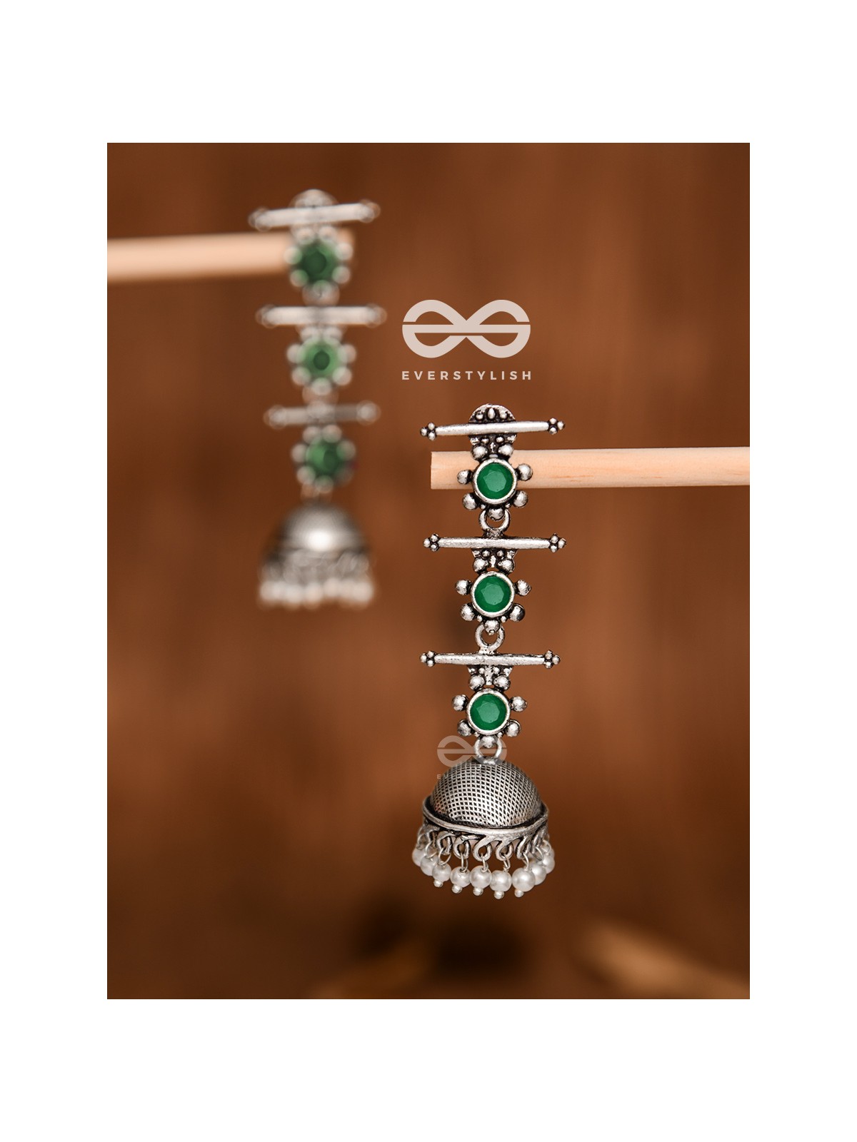The Elegant Delight - Triple Layered Jhumkas (Emerald Green)