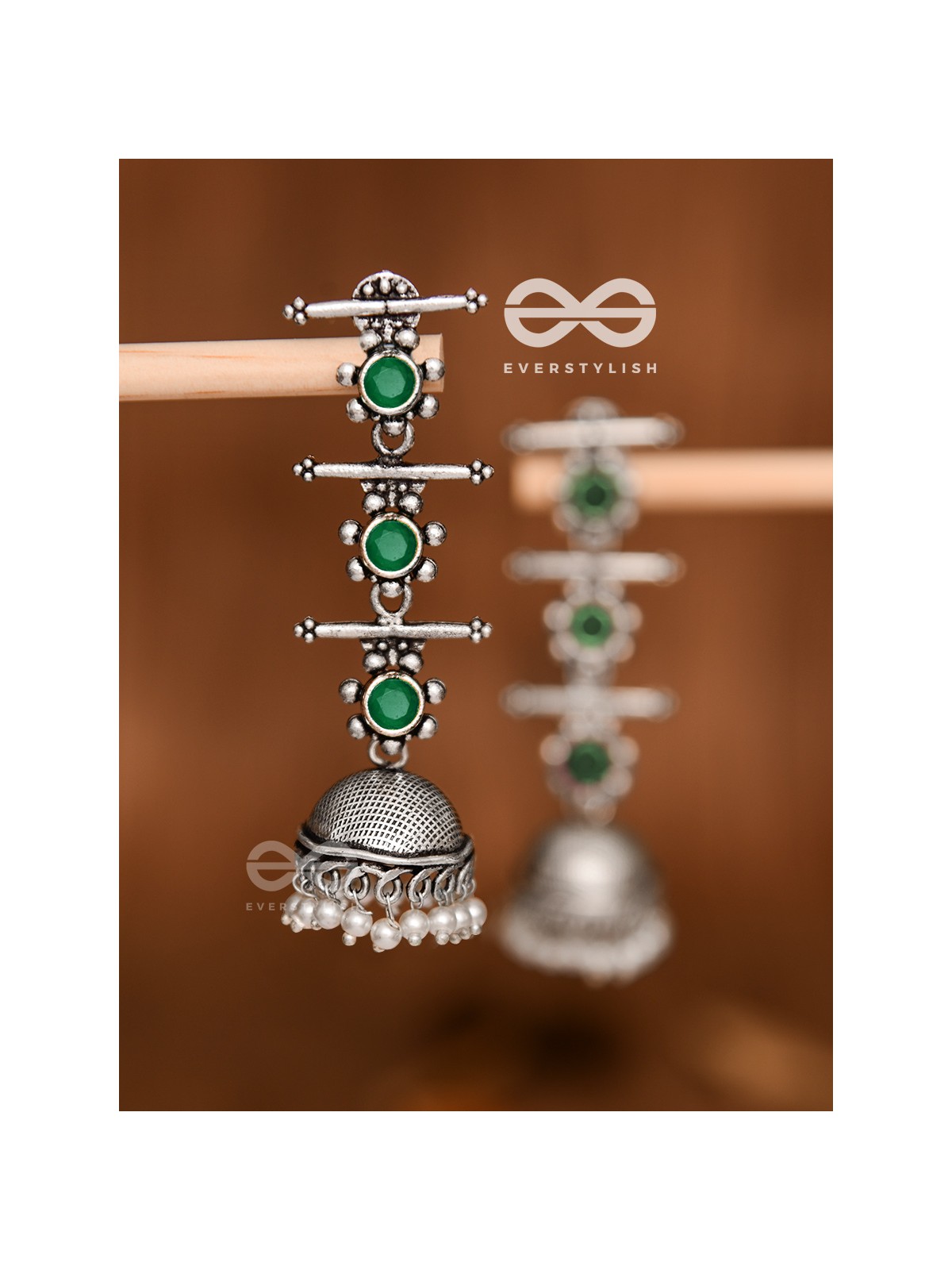 The Elegant Delight - Triple Layered Jhumkas (Emerald Green)