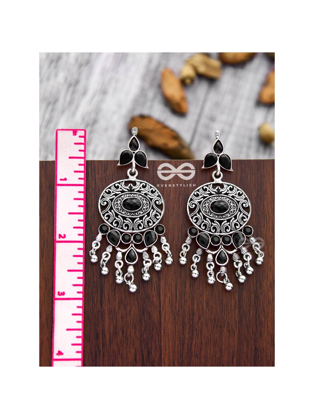 The Playful Elegance - Embellished Oxidised Earrings (Onyx Black)