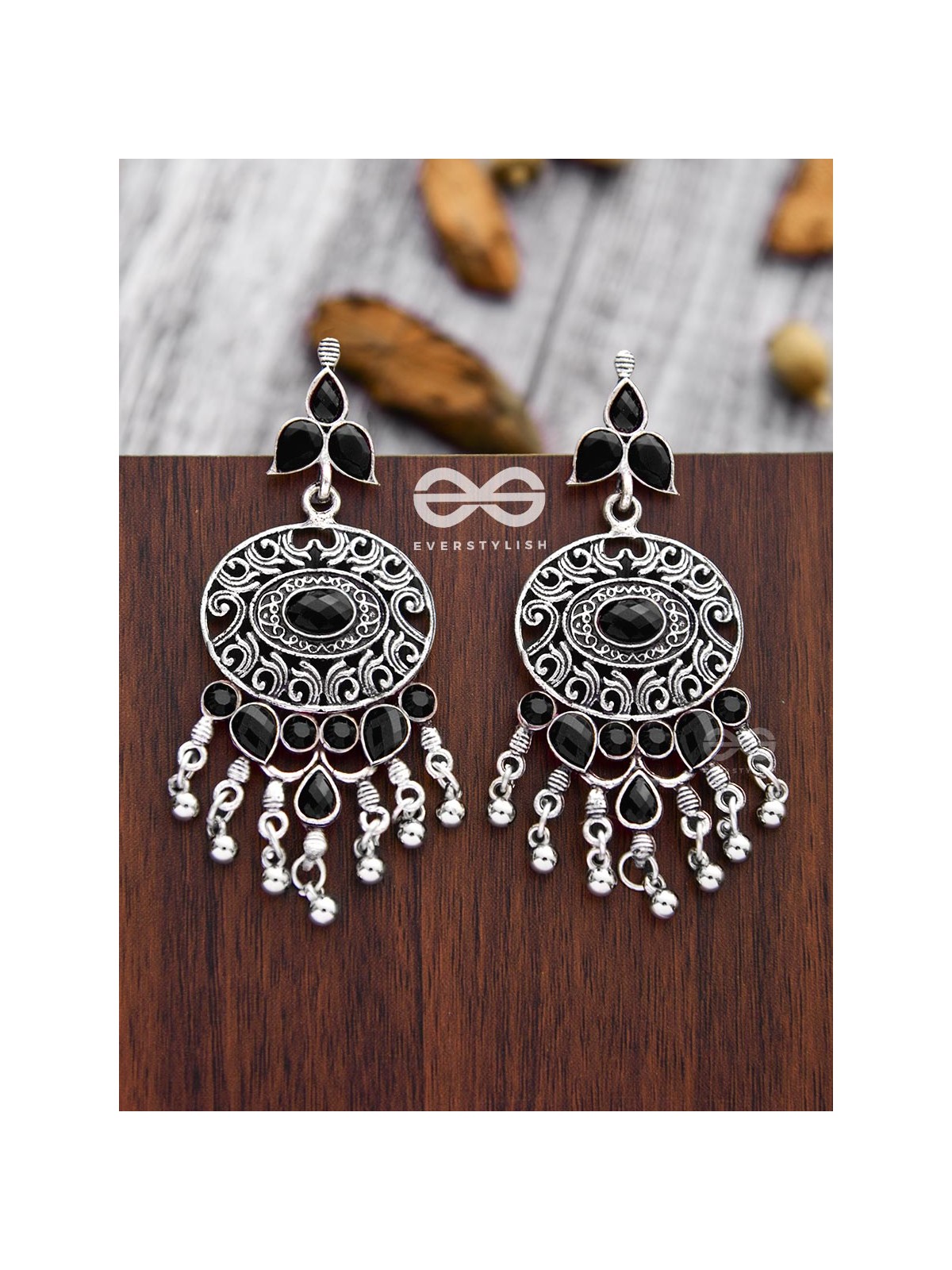 The Playful Elegance - Embellished Oxidised Earrings (Onyx Black)