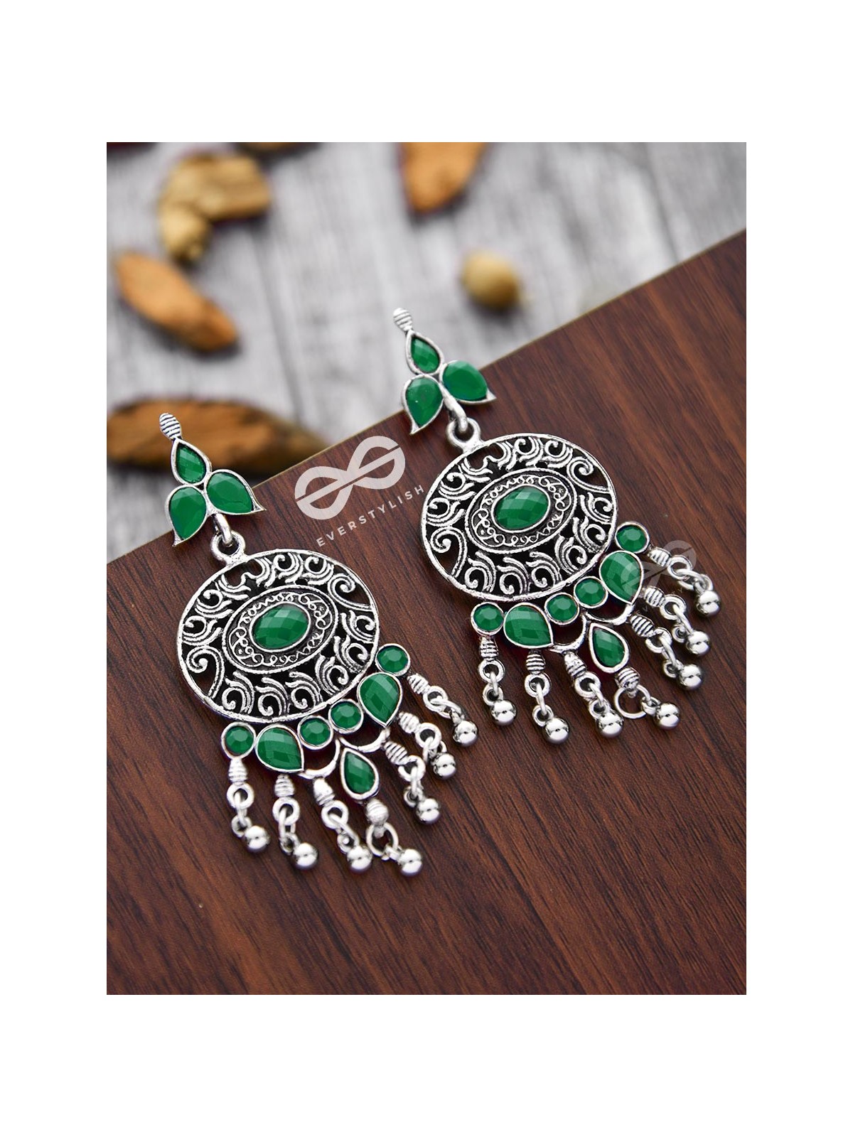 The Playful Elegance - Embellished Oxidised Earrings (Emerald Green)