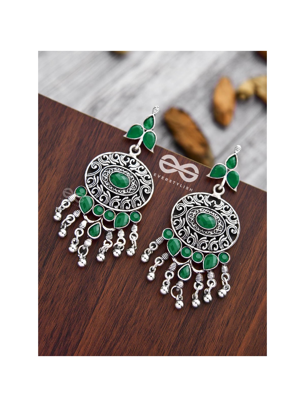 The Playful Elegance - Embellished Oxidised Earrings (Emerald Green)