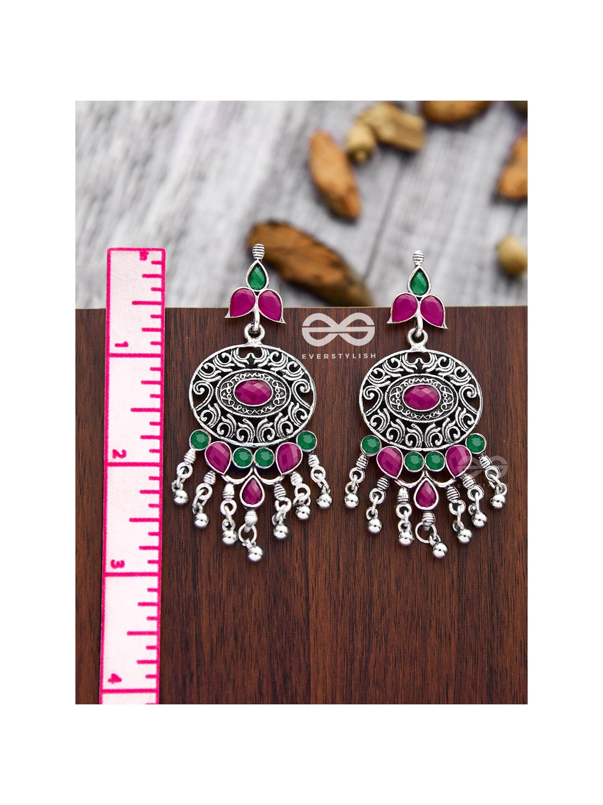 The Playful Elegance - Embellished Oxidised Earrings (Ruby Emerald)