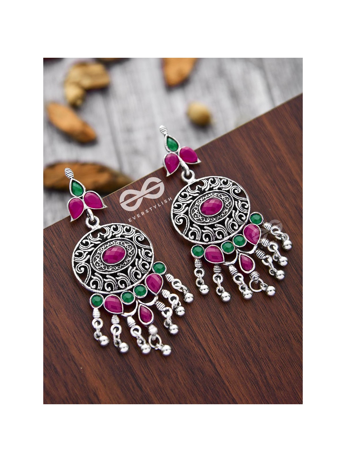 The Playful Elegance - Embellished Oxidised Earrings (Ruby Emerald)