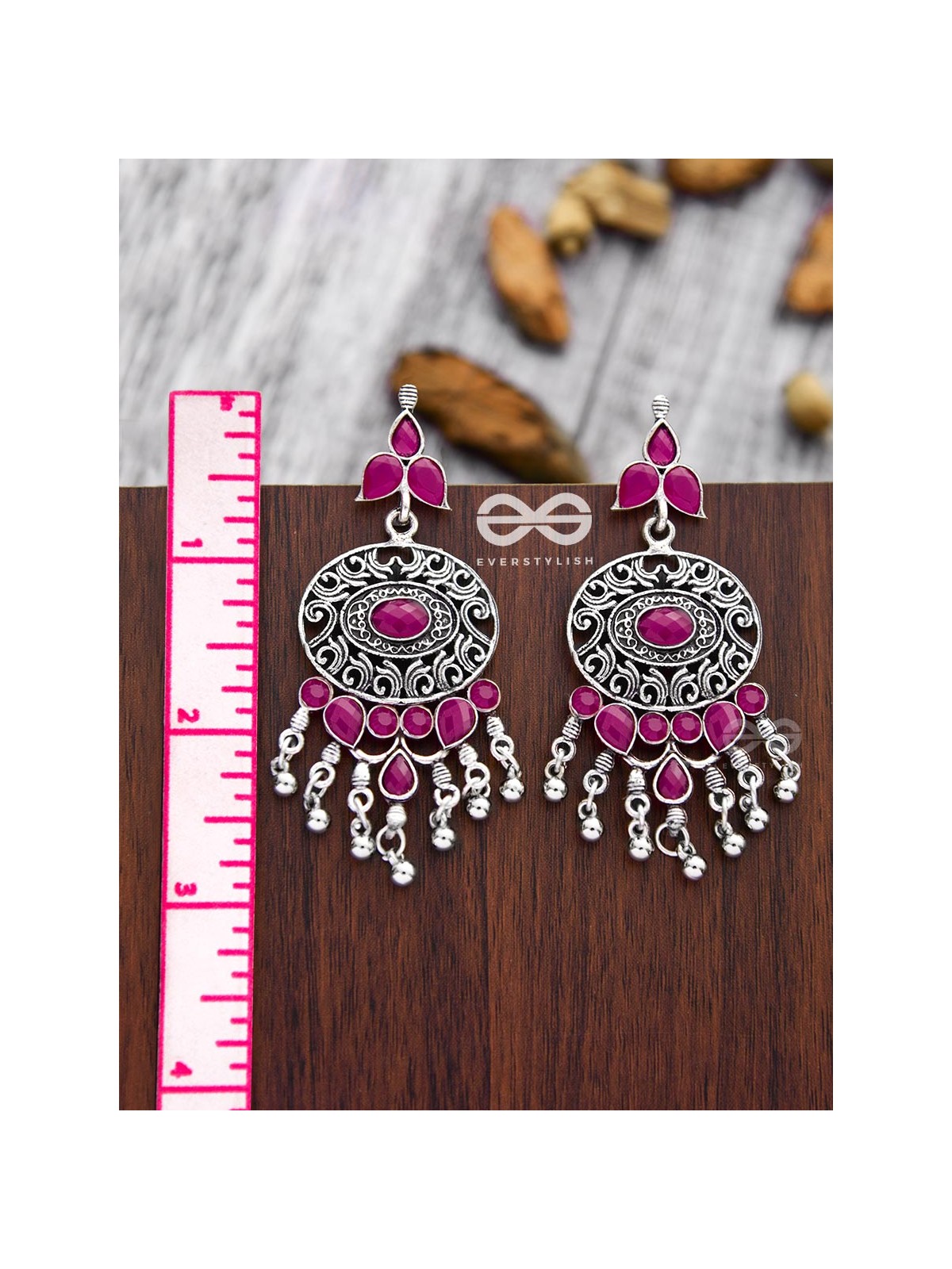 The Playful Elegance - Embellished Oxidised Earrings (Ruby Red)