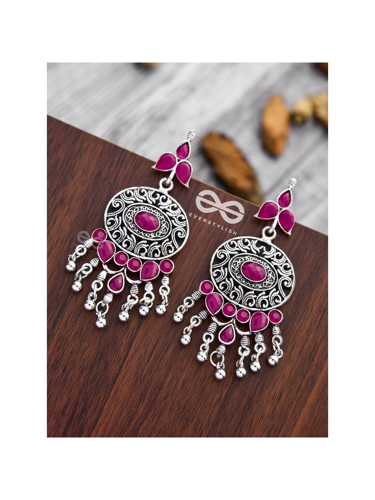 The Playful Elegance - Embellished Oxidised Earrings (Ruby Red)