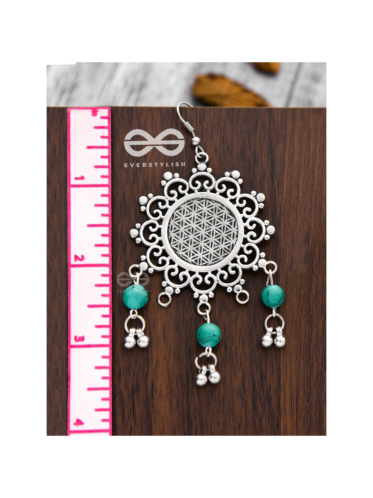 The Turquoise Meshed Sun - Oxidised Boho Earrings