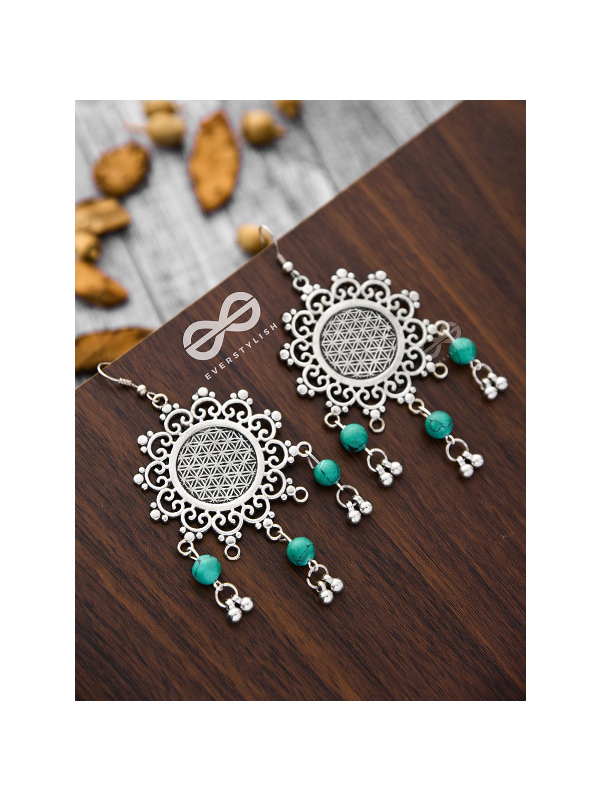 The Turquoise Meshed Sun - Oxidised Boho Earrings