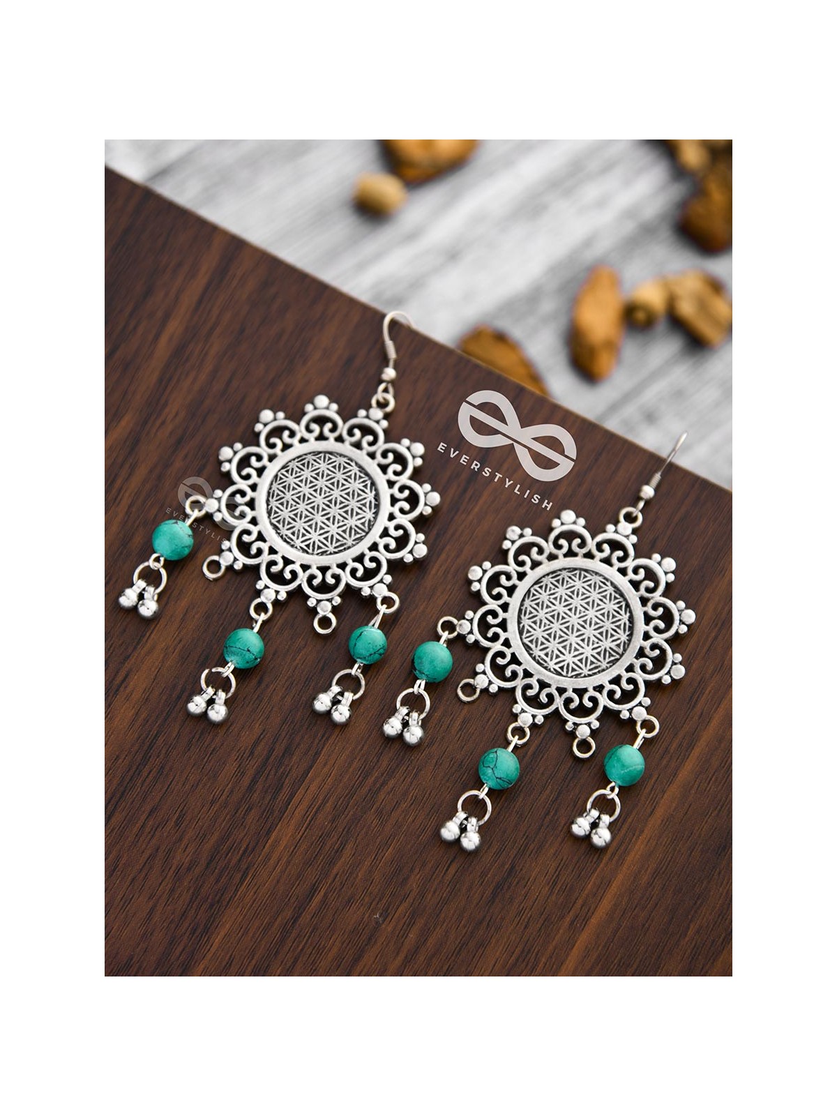 The Turquoise Meshed Sun - Oxidised Boho Earrings