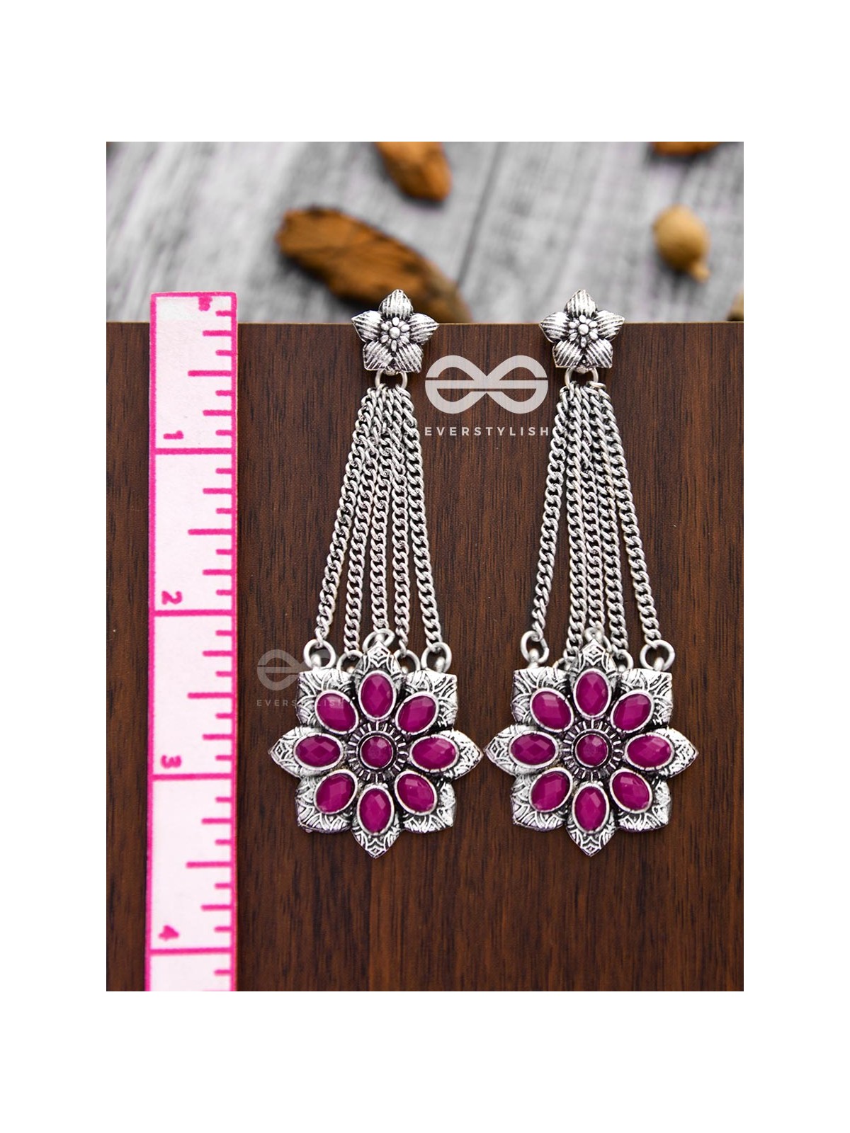 The Floral Finesse - Embellished Oxidised Earrings (Ruby Red)
