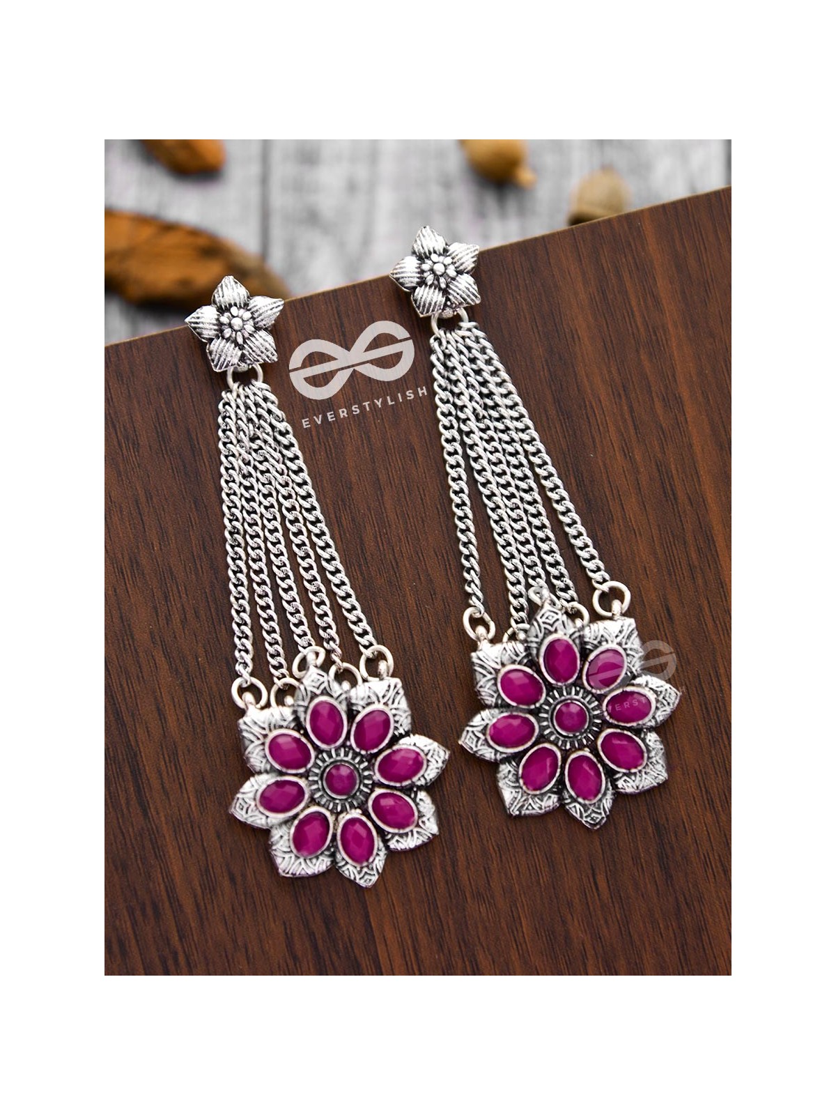 The Floral Finesse - Embellished Oxidised Earrings (Ruby Red)