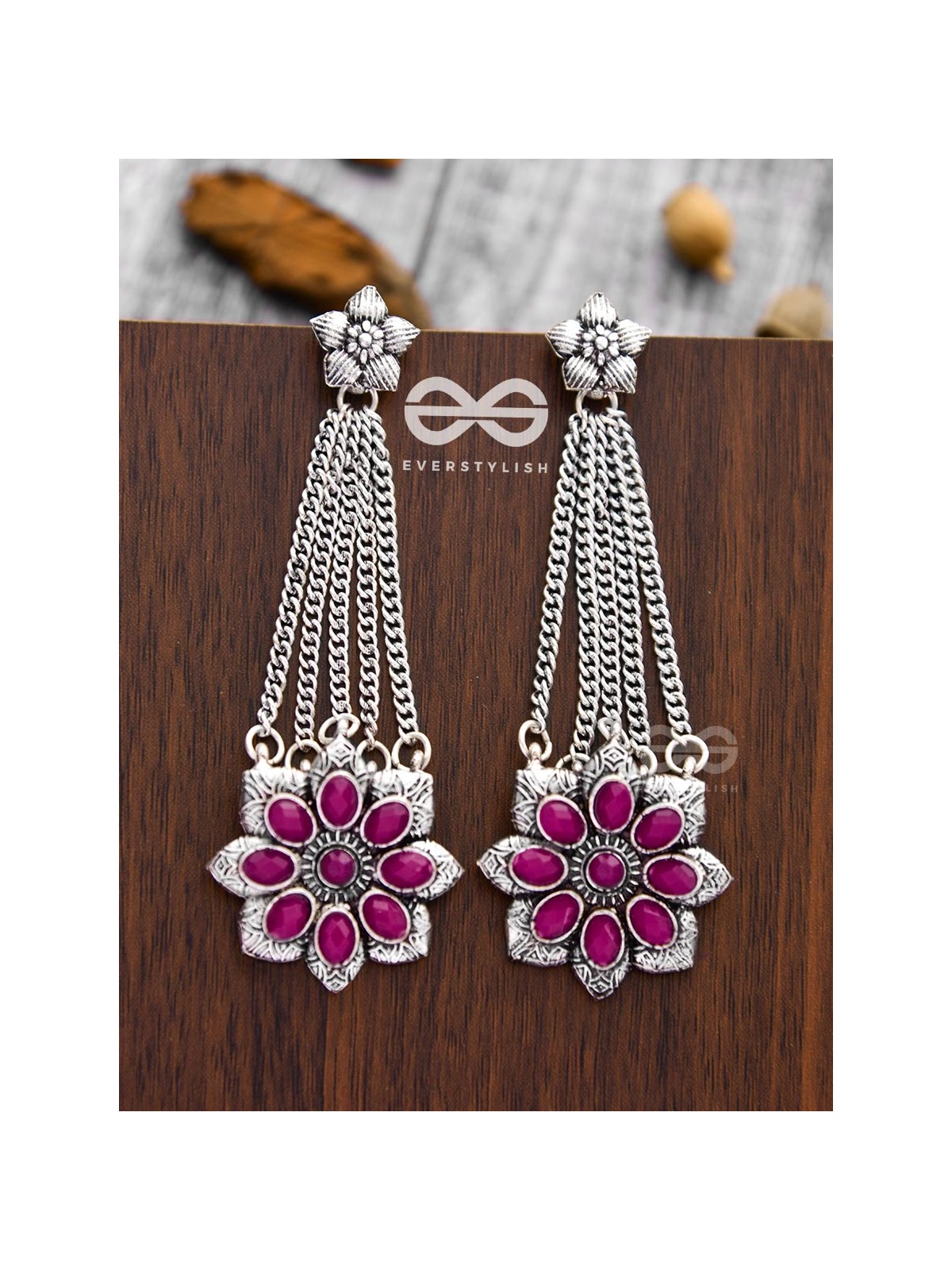 The Floral Finesse - Embellished Oxidised Earrings (Ruby Red)
