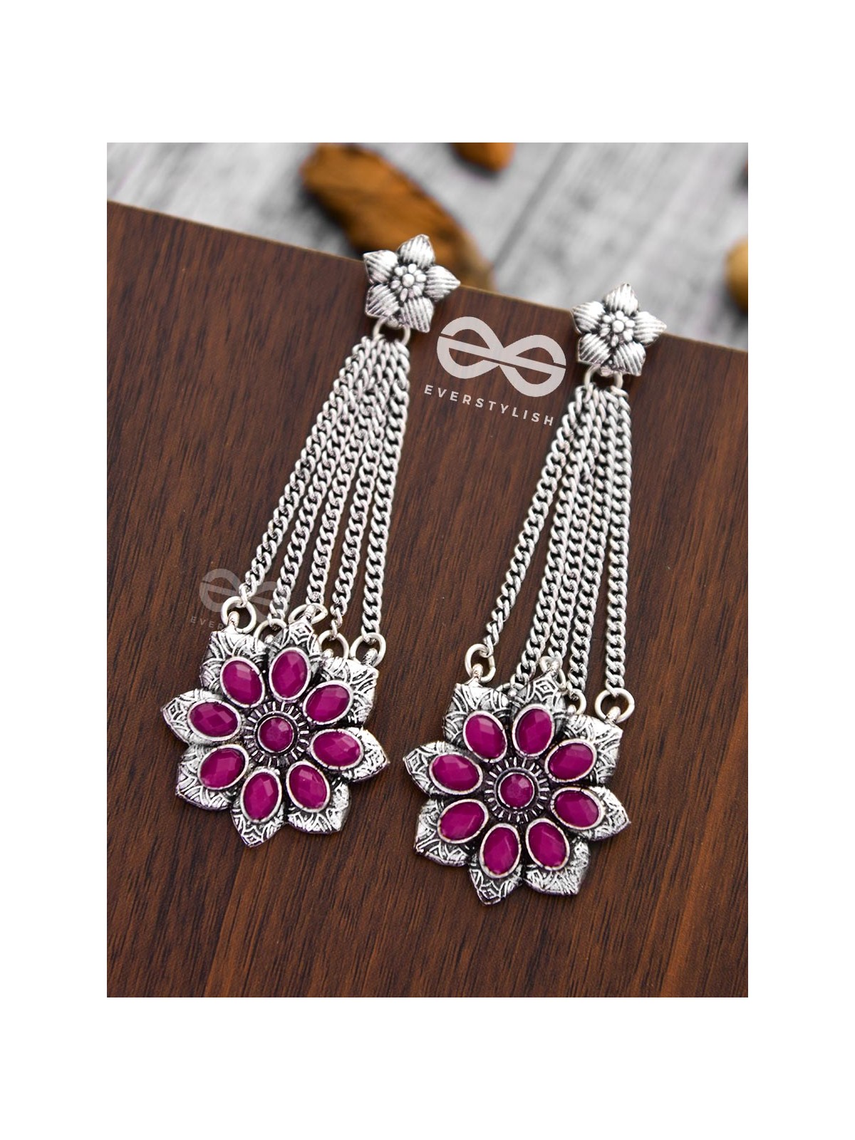 The Floral Finesse - Embellished Oxidised Earrings (Ruby Red)