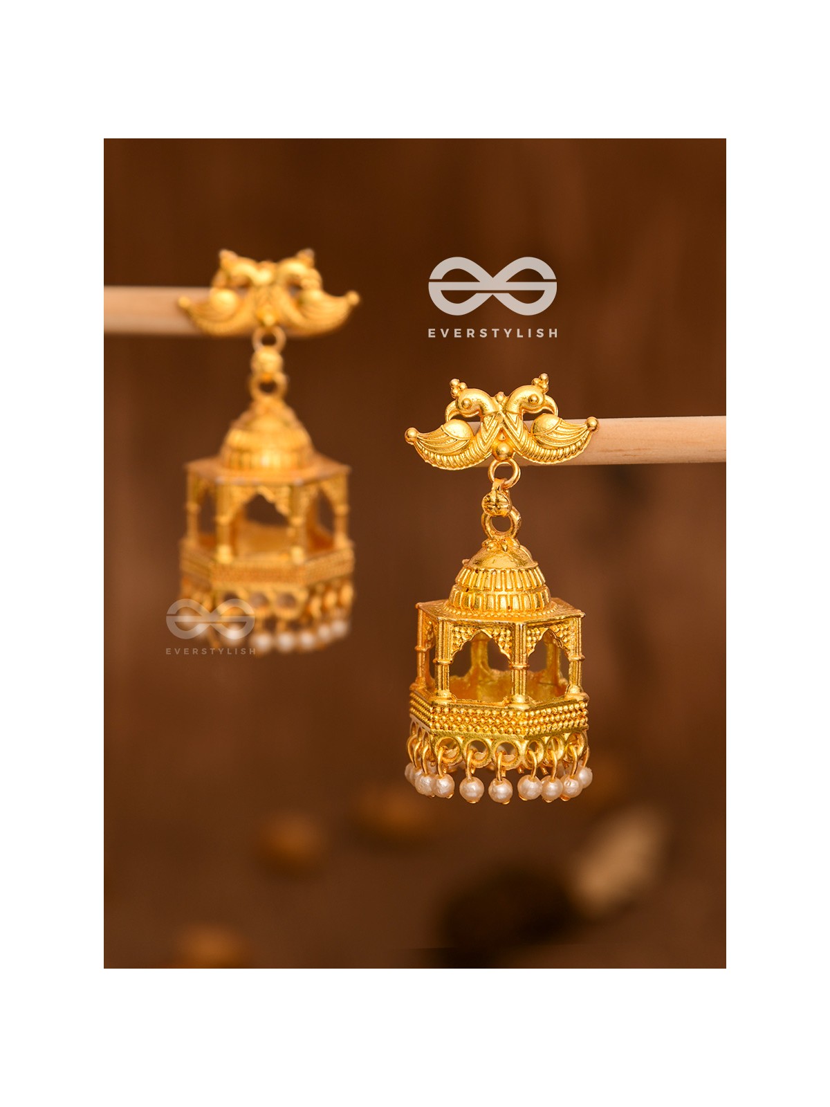 The Birds on a temple Artwork Jhumkas (Golden)