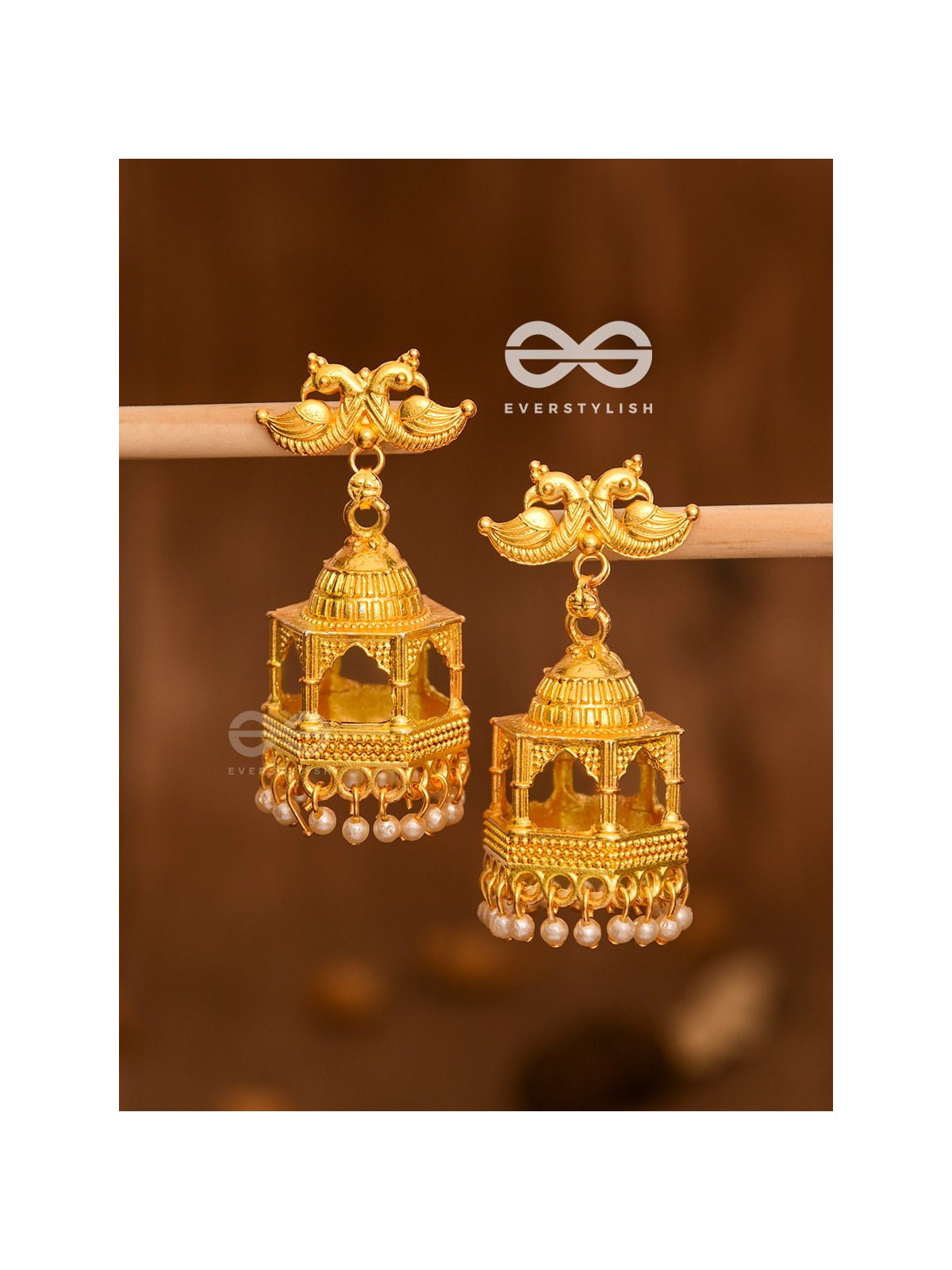 The Birds on a temple Artwork Jhumkas (Golden)