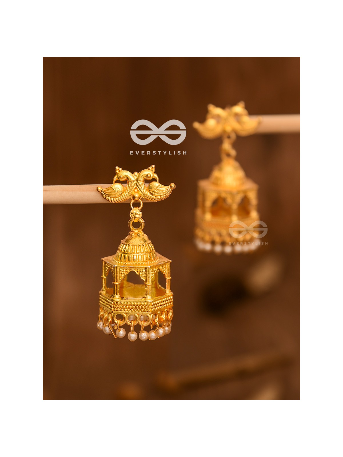 The Birds on a temple Artwork Jhumkas (Golden)