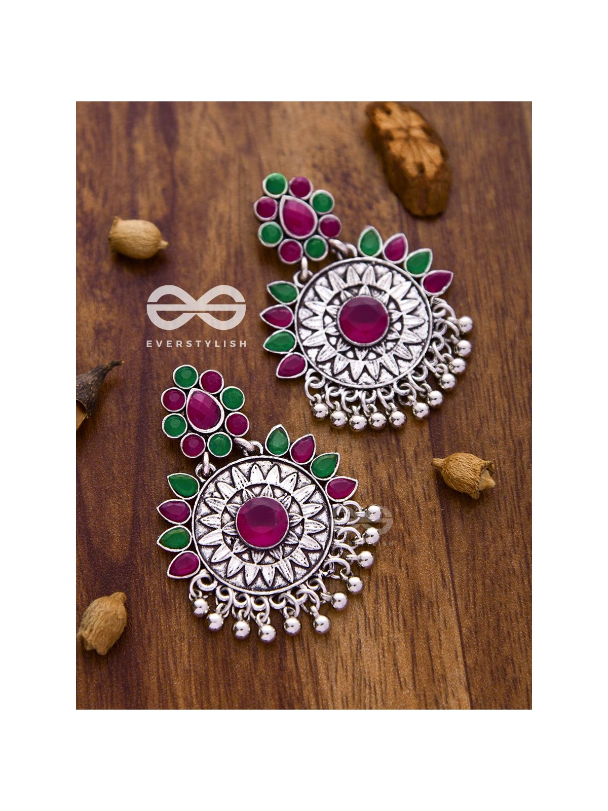 The Woman of Wonder - Embellished Oxidised Earrings (Ruby Emerald)