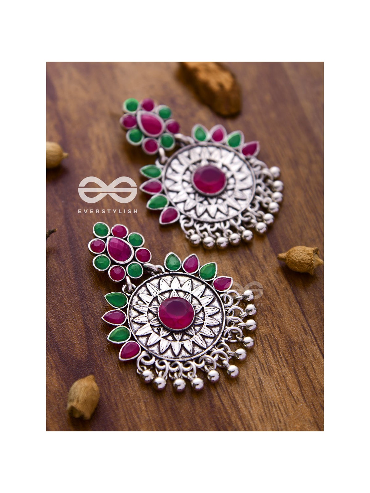 The Woman of Wonder - Embellished Oxidised Earrings (Ruby Emerald)