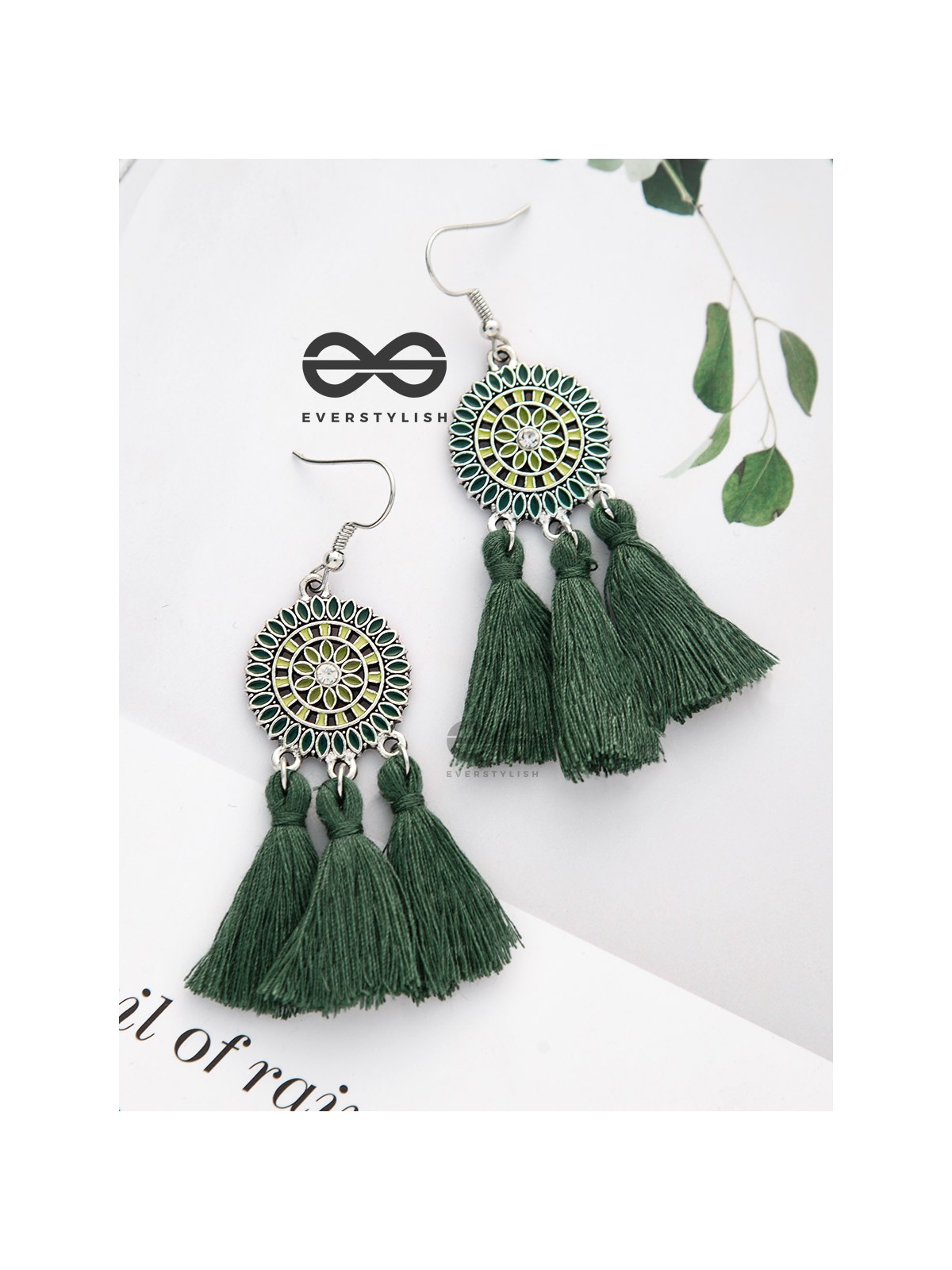 Vibrant motifs Dreamcatcher Tassel Earrings- Sea Green