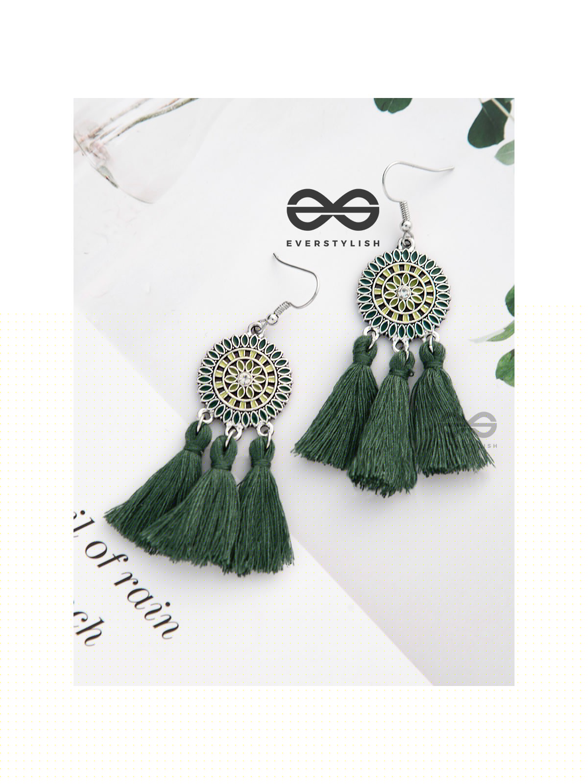 Vibrant motifs Dreamcatcher Tassel Earrings- Sea Green