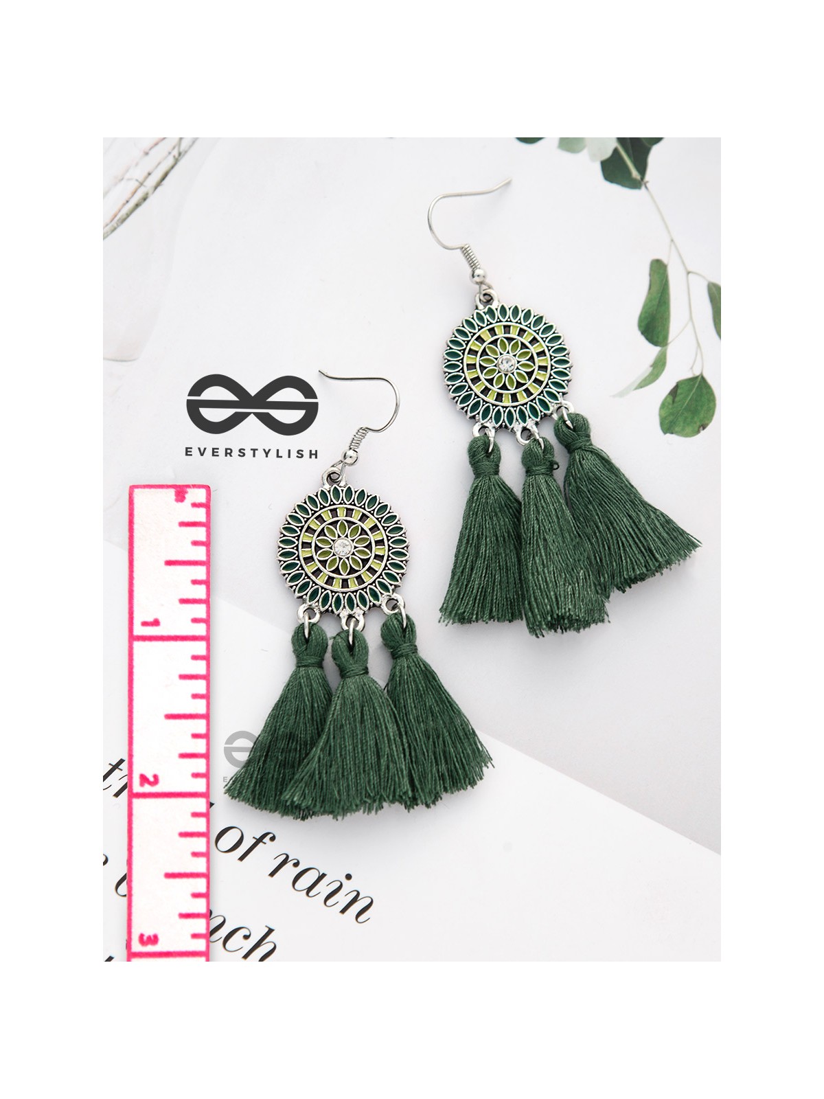 Vibrant motifs Dreamcatcher Tassel Earrings- Sea Green