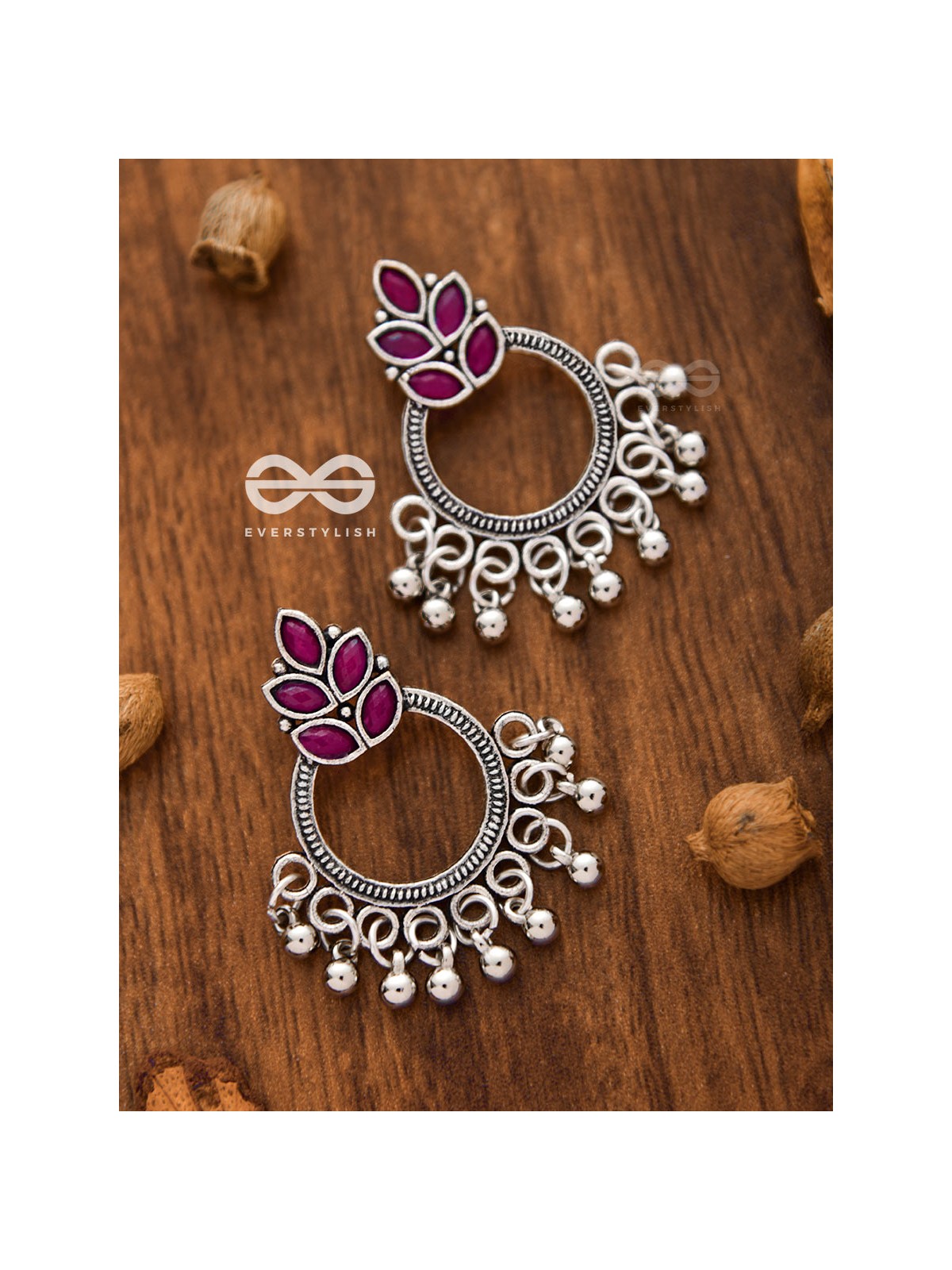 A touch of Bohemian Elegance (Ruby Red) - Embellished Oxidised Earrings