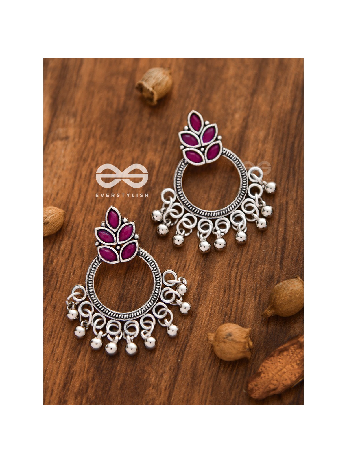 A touch of Bohemian Elegance (Ruby Red) - Embellished Oxidised Earrings