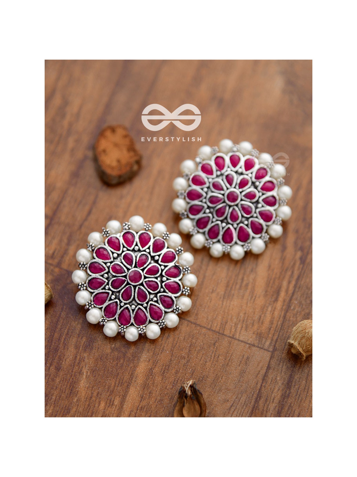 The classy Desire perfect pearl Embellished Statement Studs (Ruby Red)