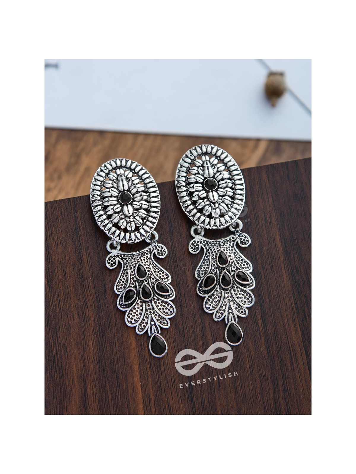 The Delightful Boho Artwork Statement Embellished Earrings (Onyx Black)