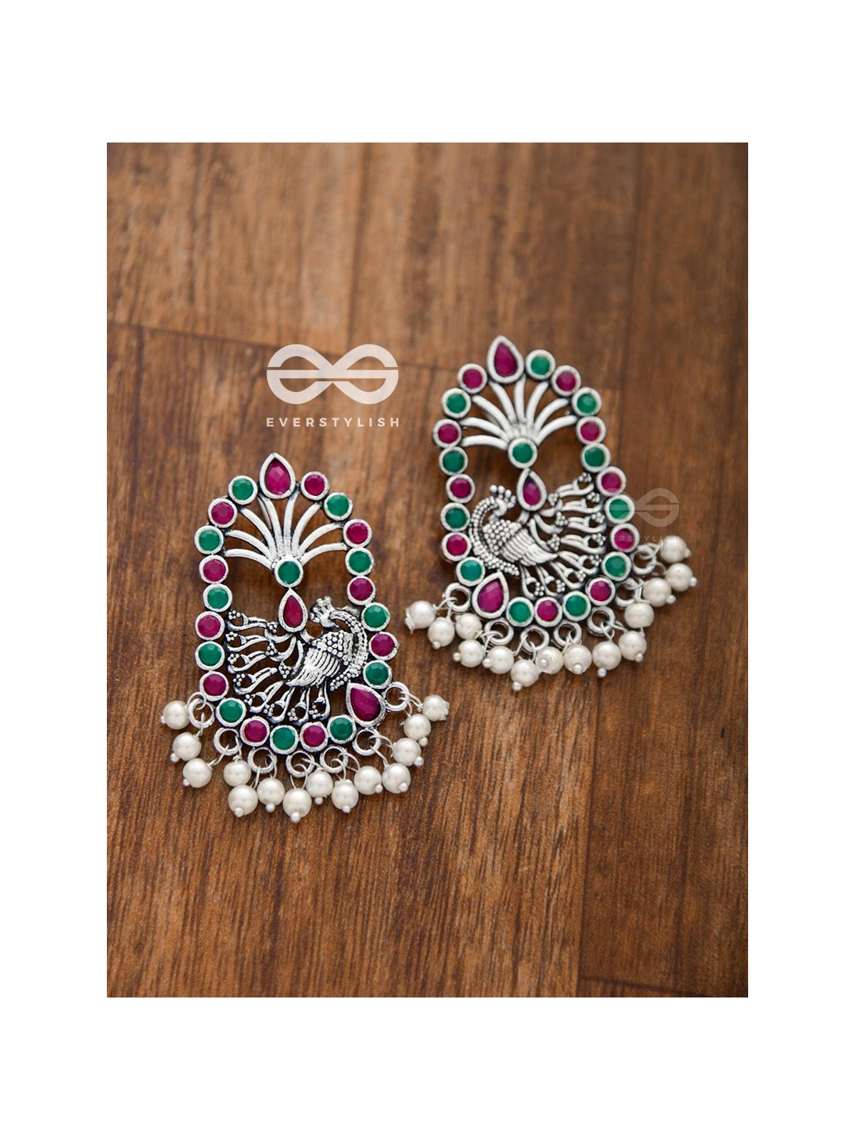 The Delightful Peacock artwork (Ruby-Emerald) - Embellished Oxidised Earrings