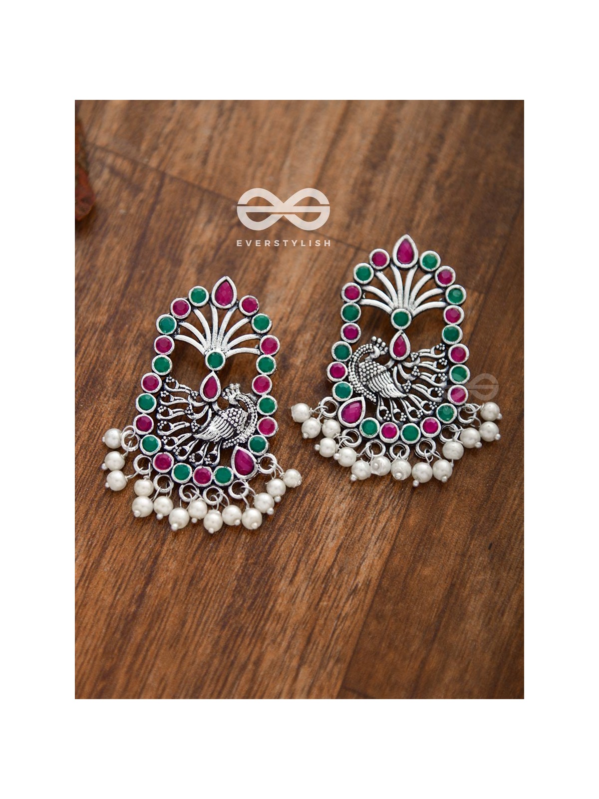 The Delightful Peacock artwork (Ruby-Emerald) - Embellished Oxidised Earrings