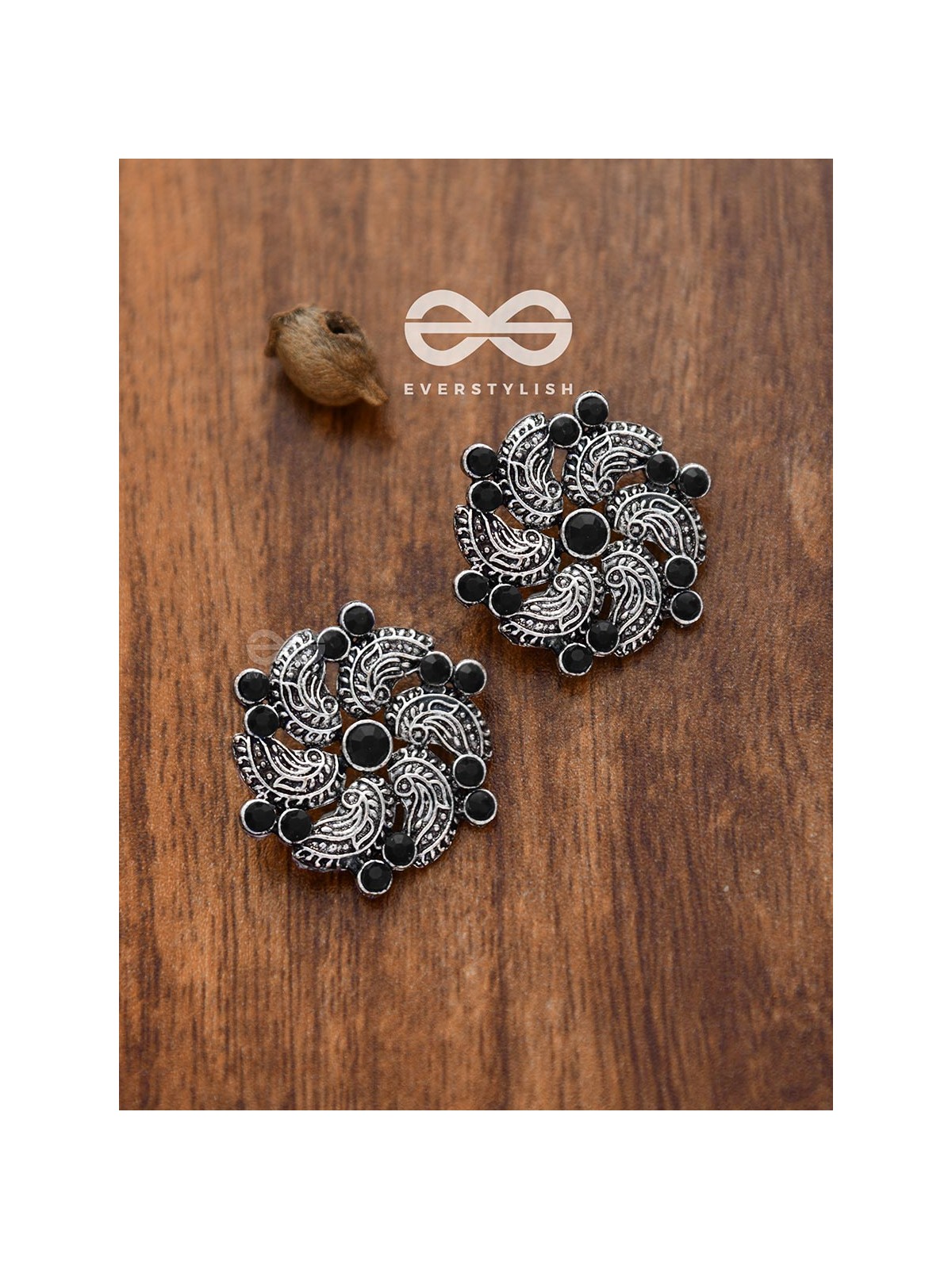 The Whimsical Whirlpools - Embellished Oxidised Studs (Onyx Black)