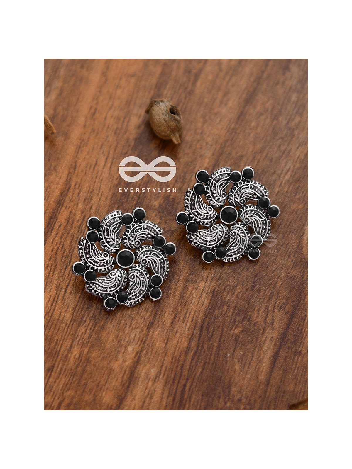 The Whimsical Whirlpools - Embellished Oxidised Studs (Onyx Black)