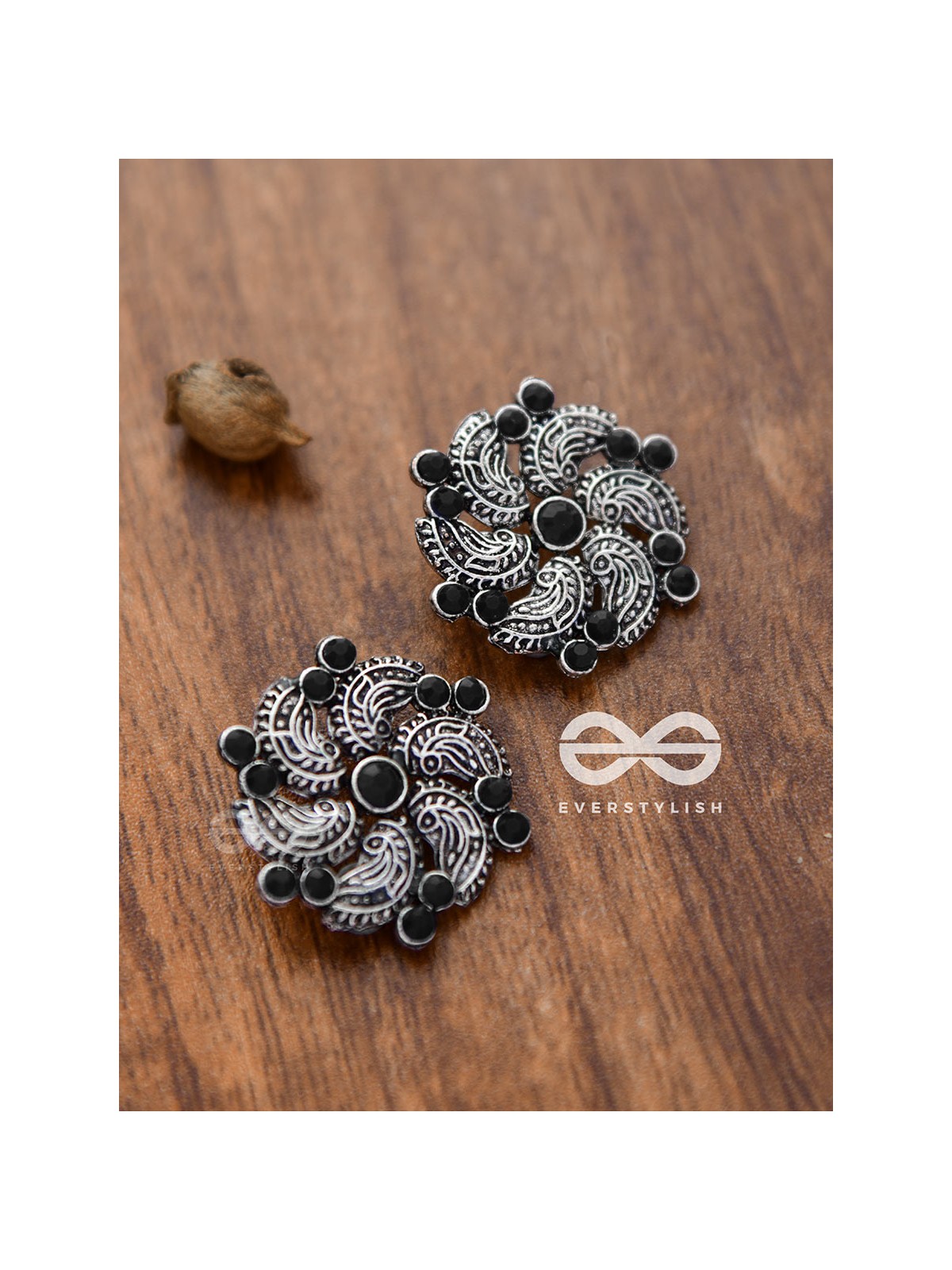 The Whimsical Whirlpools - Embellished Oxidised Studs (Onyx Black)