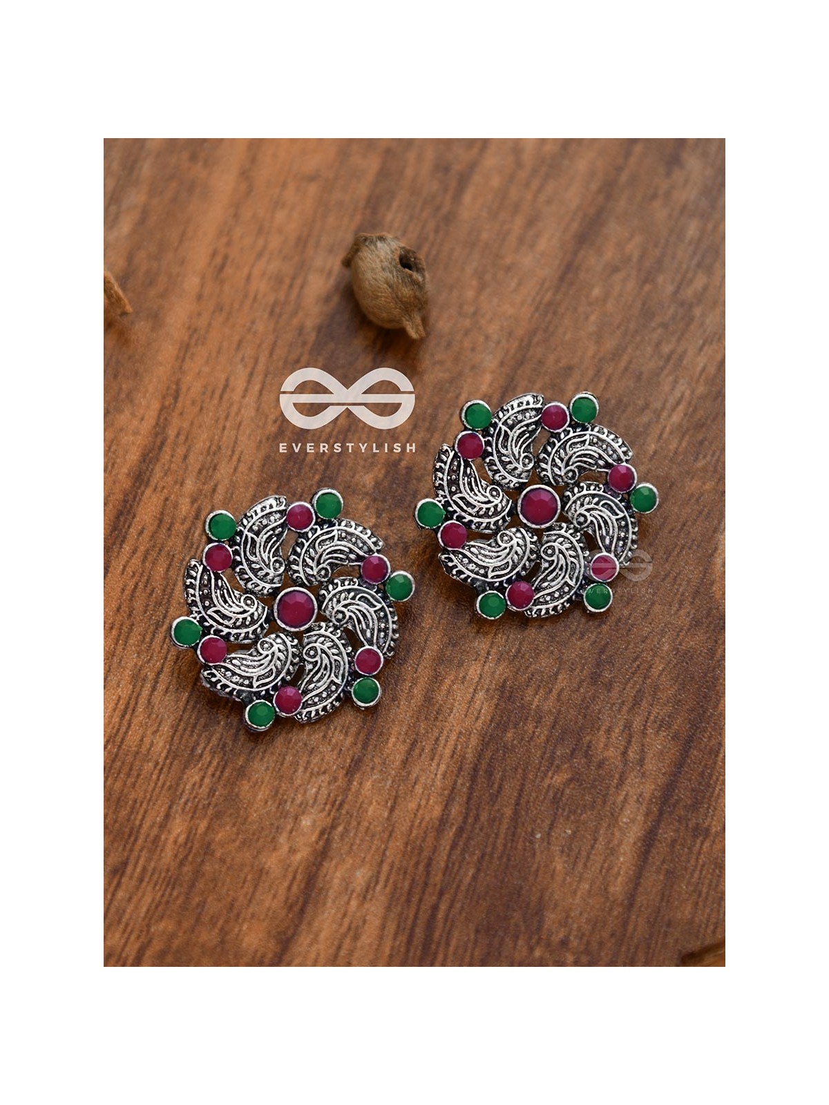 The Whimsical Whirlpools - Embellished Oxidised Studs (Ruby-Emerald)