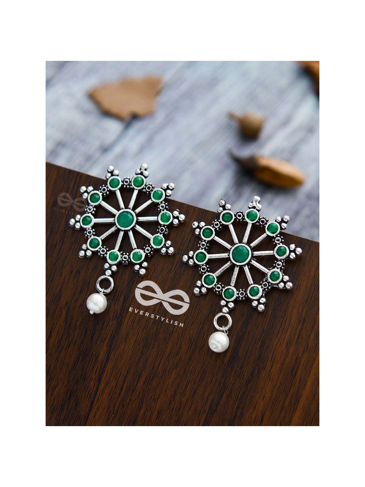 'Steering My Own Ship' - Embellished Oxidised Earrings (Emerald Green)