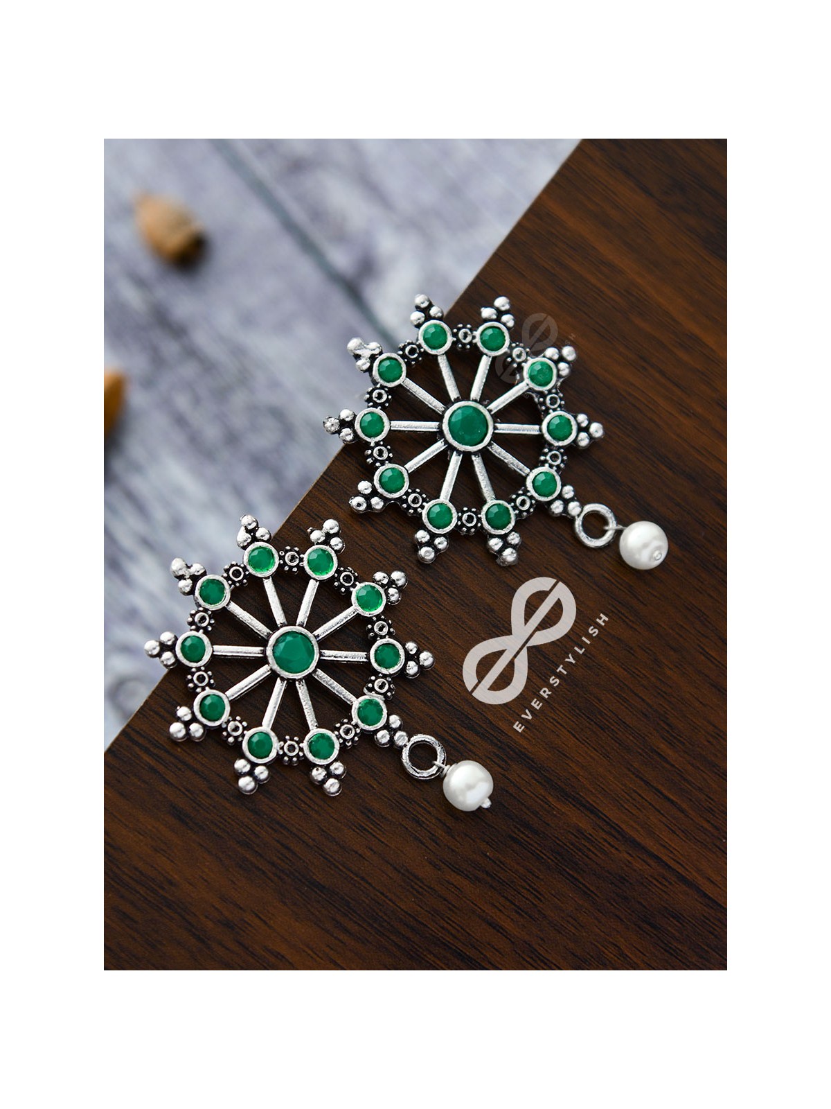 'Steering My Own Ship' - Embellished Oxidised Earrings (Emerald Green)