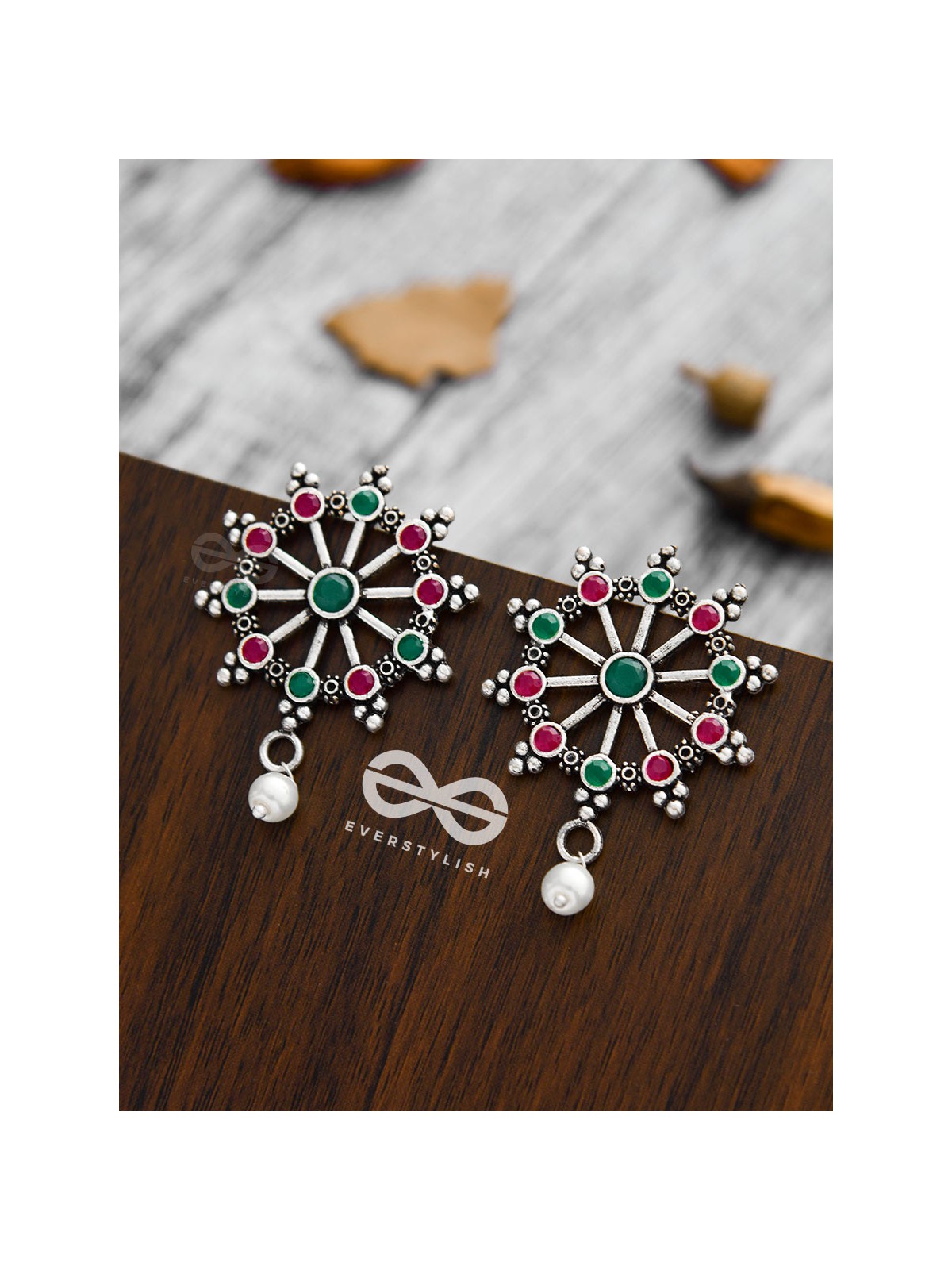 'Steering My Own Ship' - Embellished Oxidised Earrings (Ruby-Emerald)