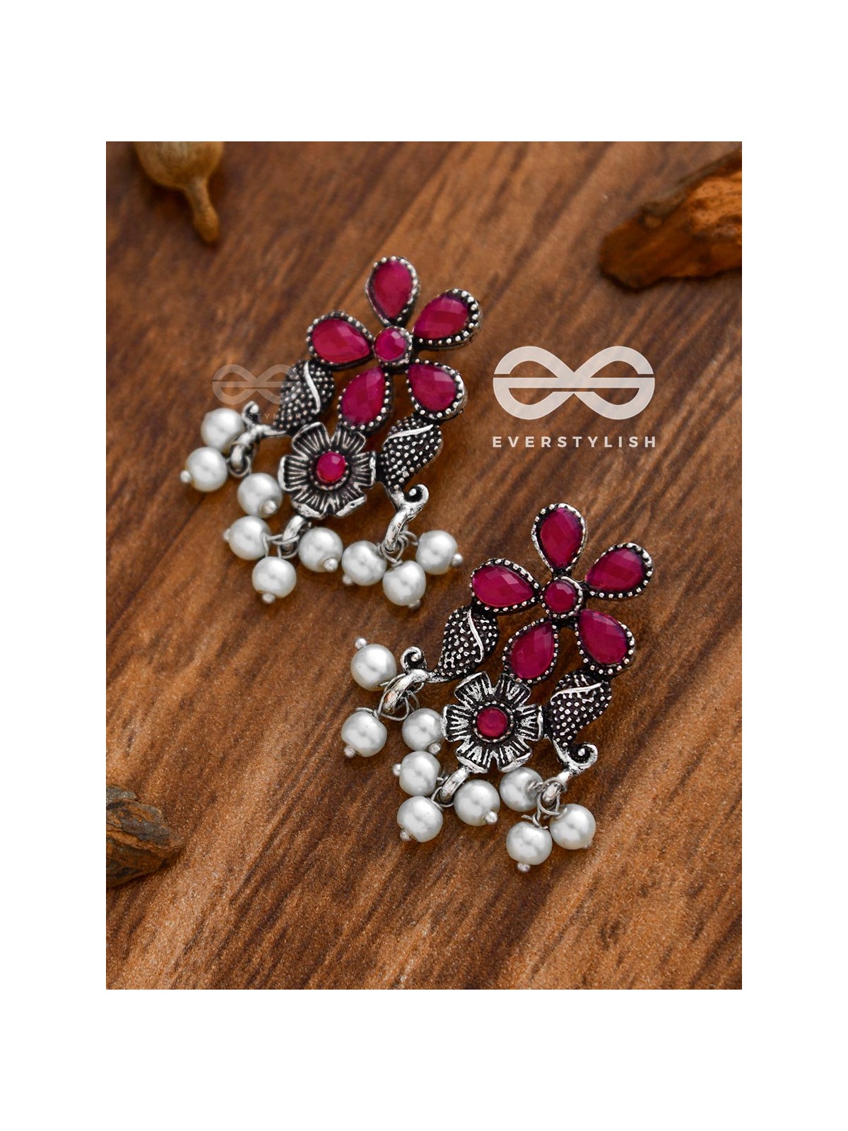 'A Floral Fantasy' - Embellished Oxidised Earrings (Ruby Red)