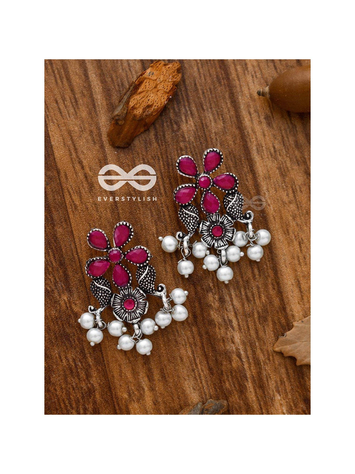 'A Floral Fantasy' - Embellished Oxidised Earrings (Ruby Red)