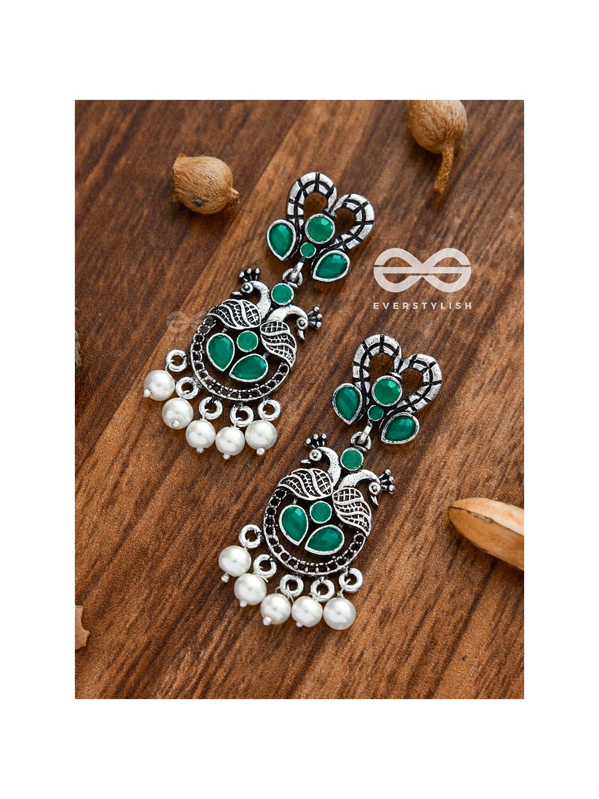 The Enigmatic Peacock Artwork Earrings (Emerald Green) - Embellished Oxidised Collection