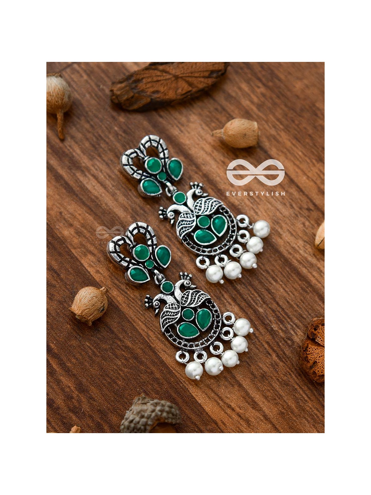 The Enigmatic Peacock Artwork Earrings (Emerald Green) - Embellished Oxidised Collection