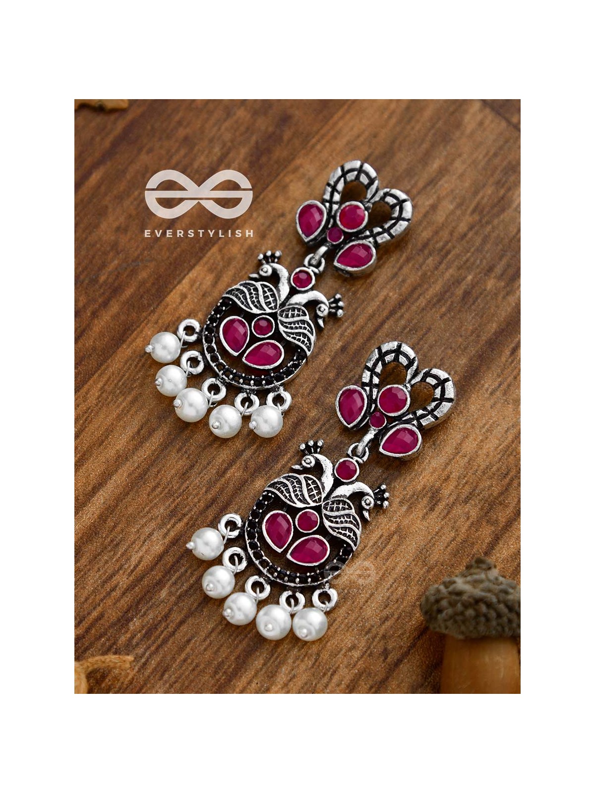 The Enigmatic Peacock Artwork Earrings (Ruby Red) - Embellished Oxidised Collection