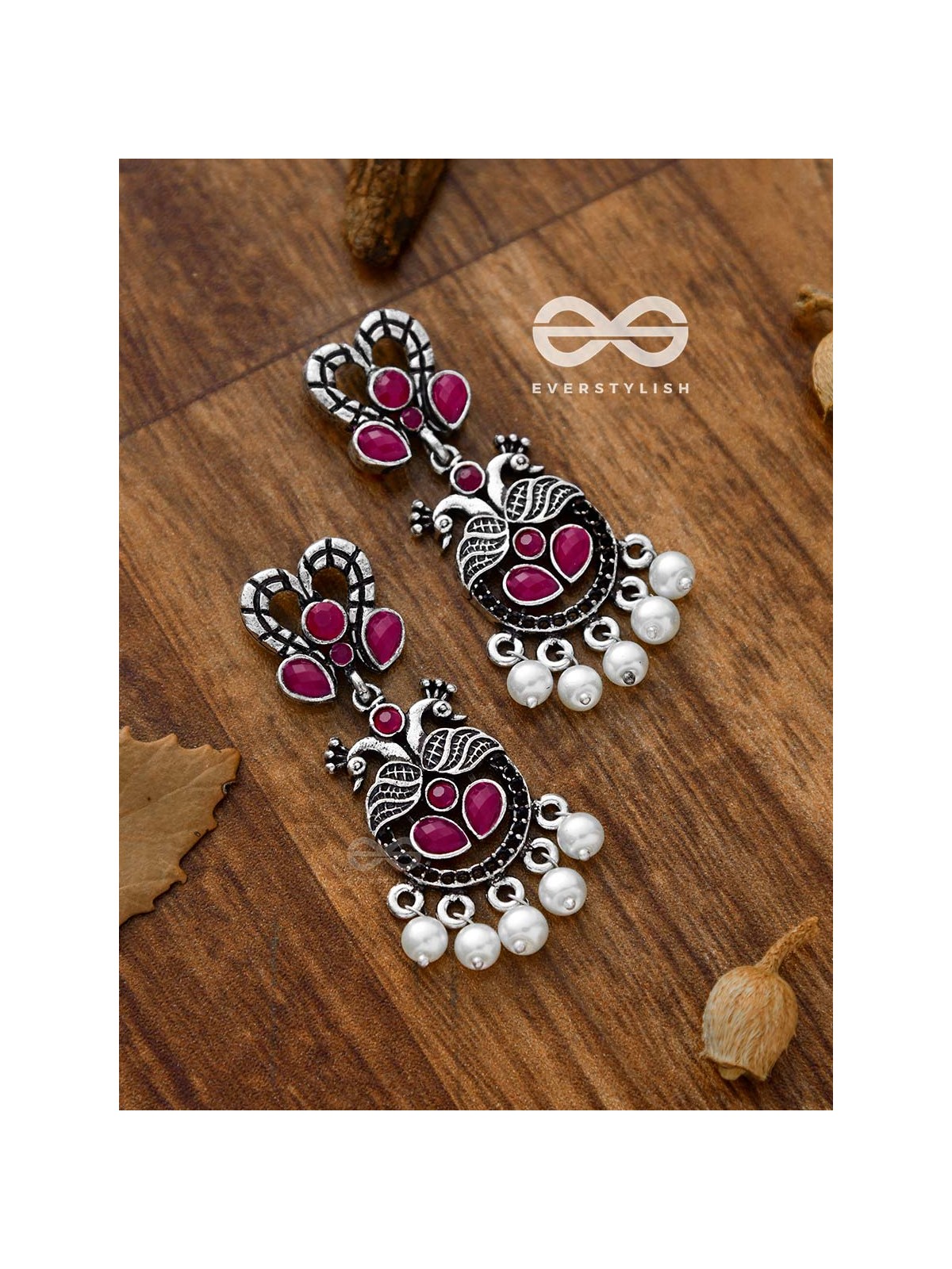 The Enigmatic Peacock Artwork Earrings (Ruby Red) - Embellished Oxidised Collection