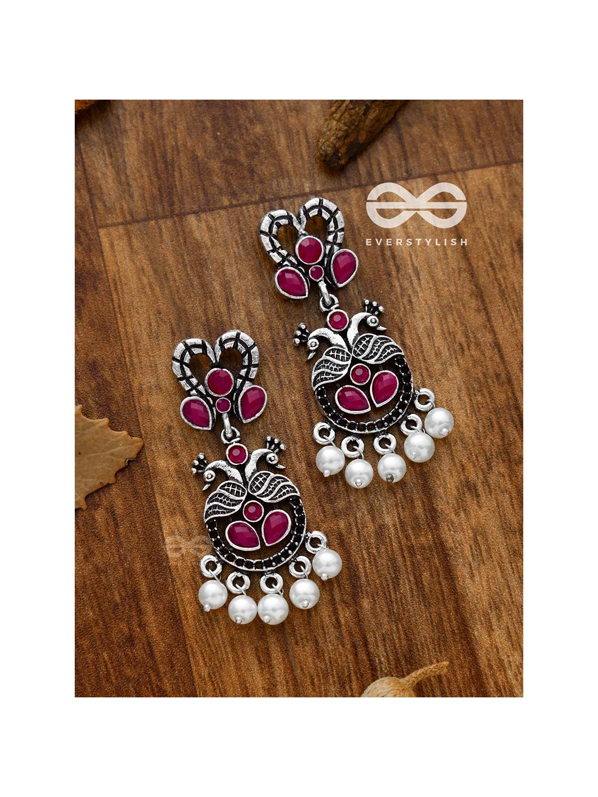 The Enigmatic Peacock Artwork Earrings (Ruby Red) - Embellished Oxidised Collection