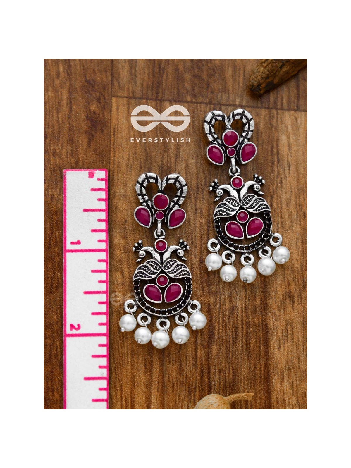 The Enigmatic Peacock Artwork Earrings (Ruby Red) - Embellished Oxidised Collection